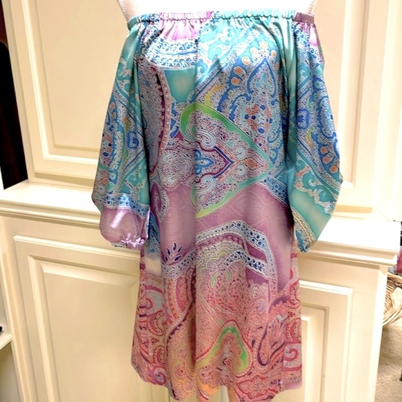 Nally & Millie Blue Pink Satin Paisley On Off Shoulder Mini Dress Boho Fairycore - Picture 3 of 12